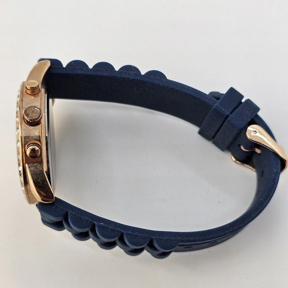 Women's Watch 38MM‎ Rose Gold Dial Crystal Bezel Blue Plastic Bands New Battery